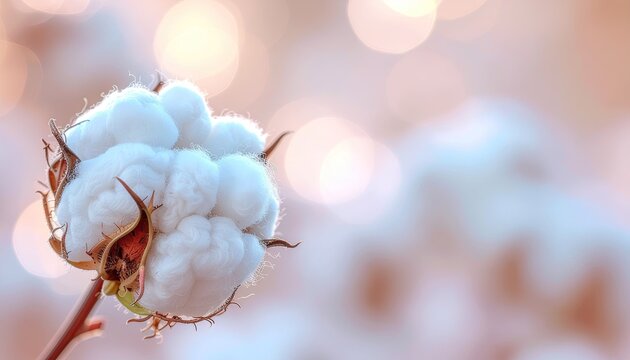 Close up of a blooming cotton boll with soft bokeh background and warm lighting highlighting its delicate white fibers