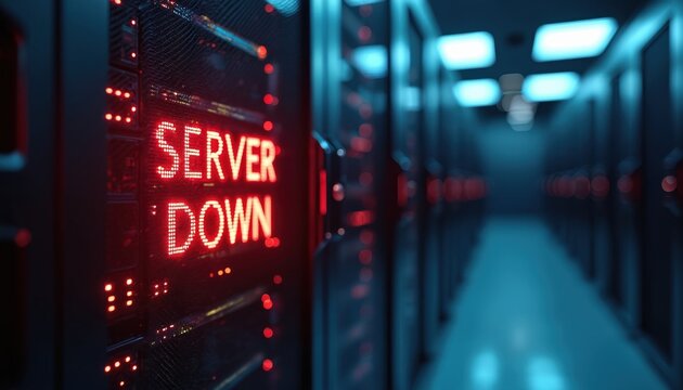 Red SERVER DOWN alert displayed on server rack in modern data center. Illustration represents network outage risk system failure and critical error impacting business.