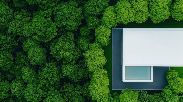 Drone perspective of sleek twostory modern house with terrace and glass railings