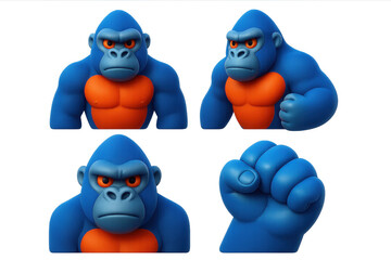 Fototapeta premium Gorilla Icon Set. 3D icon set of gorilla features: broad chest, powerful arms, deep-set eyes, flat nose, clenched fists, thick fur