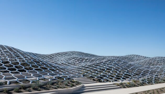 Modern Architectural Facade With Hexagonal Patterns And Greenery Under A Clear Blue Sky