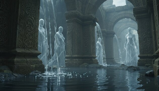 Ancient Stone Ruins With Ethereal Water Statues And Flowing Water Elements In A Dark Moody Atmosphere