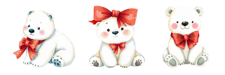 Watercolor Christmas animals: polar bears with red bow around their necks. Festive illustration isolated on white background.