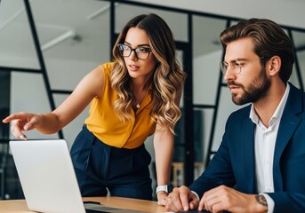 Business professionals collaborating on a laptop in a modern office setting.