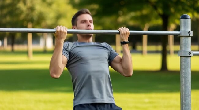 Athlete strength workout outdoors, performing pull-ups on a bar in a scenic park setting, fitness