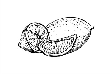 Fresh lemons vector isolated illustration painted by black inks. Monochrome whole citrus and halved fruit etching drawing for cold summer drink, bar menus, fresh drink packaging, summer design.