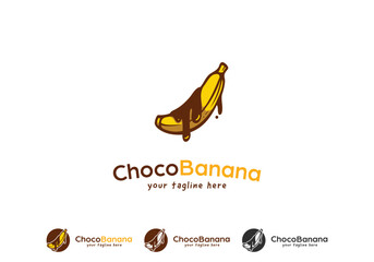 Yummy melting chocolate caramel banana dessert logo hand drawn illustration