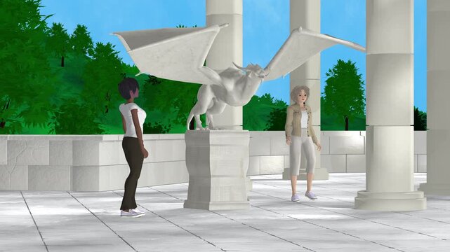 3d animation, two cartoons characters looking a dragon statue in a castle with sandstone bricks