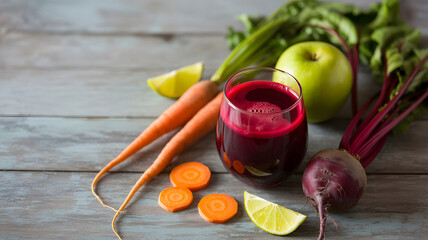 Freshly squeezed beetroot carrot apple juice with lime and vegetables