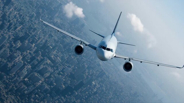 Airplane gliding over urban landscape: aerial journey capturing cityscape below
