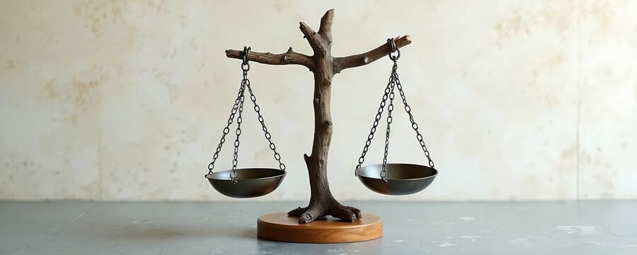 Eco friendly scales made from tree branches and metal. Symbol of justice and environmental balance. Wooden base and grey surface. Beige wall background. Concept of eco law and sustainability.