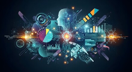 Futuristic AI Brain Interface with Robot Hand Showcasing Data Analysis and Machine Learning in a Dynamic Techscape for Innovation and Progress