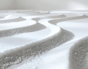 Minimalist zen sand pattern with smooth curved lines on bright white sand, ideal for relaxation themes, meditation concepts, spa imagery, peaceful backgrounds, wellness branding and calm minimalist de