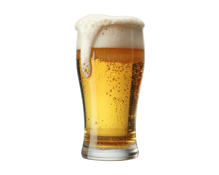Pint glass of golden beer with frothy head
