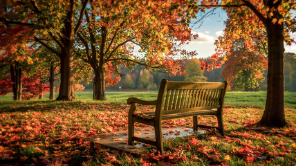 A wooden park bench sits empty amidst a vibrant autumn forest landscape
