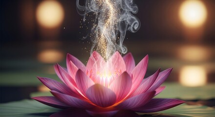 Magical pink lotus flower with glowing light and smoke.