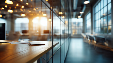 Contemporary office interior with transparent barriers defocused open layout creativity innovation environment glass wall design collaborative workspace architecture modern