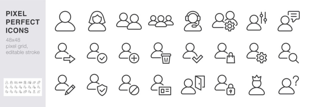 User account line icon set. Profile, login, admin, settings, security minimal vector illustrations. Simple outline signs for web interface. 48x48 Pixel Perfect. Editable Stroke.