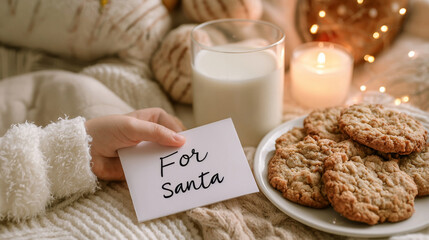 Child's hand placing "For Santa" note beside cookies and milk in cozy holiday setting with warm lights, capturing Christmas Eve magic