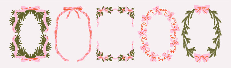 Obraz premium Christmas decoration frames with fir tree branches and bow with ribbons in vintage doodle style for poster, placards and party invitations. New Year celebration border cover design for greeting cards.