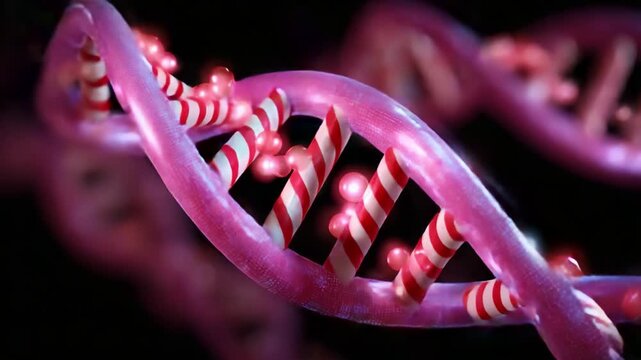 A Stunning Representation of a Candy-Themed DNA Helix with Colorful Striped Patterns and Vibrant Twinkling Elements, Showcasing an Artistic Fusion of Science and Imagination in 3D Animation