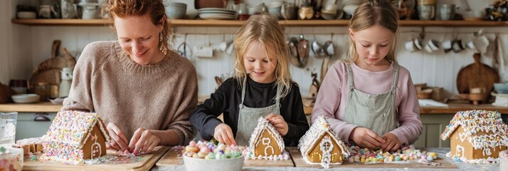 Family decorating gingerbread houses together in a pastel-toned kitchen, showcasing holiday creativity and festive baking traditions
