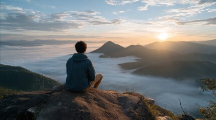 Obraz premium A solo traveler sits on a rock, admiring stunning mountains bathed in the soft light of a winter sunrise