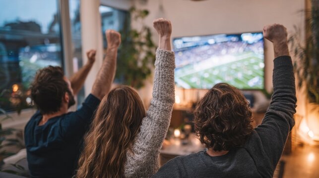 Friends celebrating a touchdown during the Super Bowl, raising hands in excitement while watching a large TV in a cozy living room atmosphere