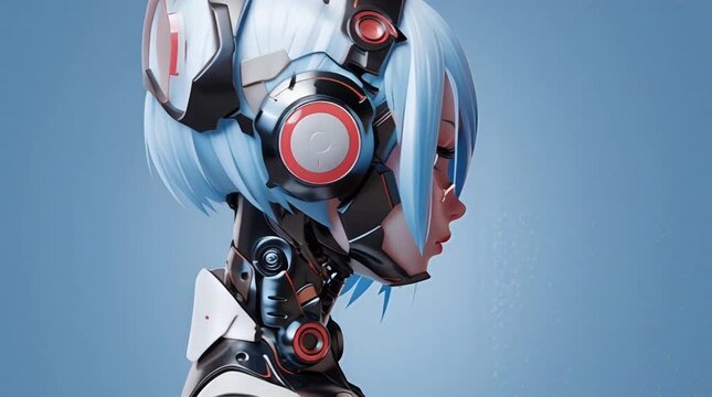 Animation 3D Cartoon Anime Android Girl with Metal Technology Standing for Futuristic Theme