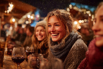 Groups of friends sit around wooden tables, smiling and sharing warm drinks while enjoying the festive atmosphere of a winter market at night.