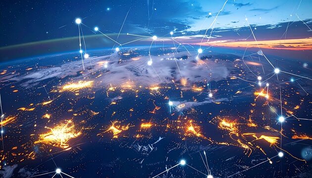Digital world map overlay on cityscape at dusk, glowing nodes and lines show global data flow, vibrant connectivity, tech-driven communication, futuristic ambiance, urban and network fusion.