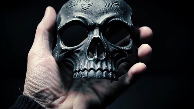 Hand holding metal skull mask with dark background, for Halloween or gothic themes