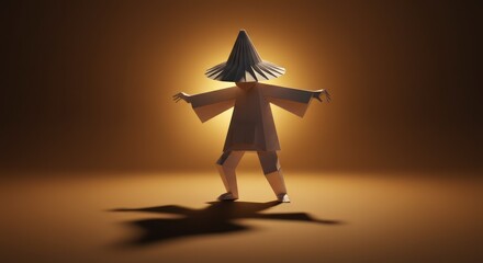 Low-poly 3D model of a stylized figure in a conical hat, illuminated from above, casting a shadow on a muted orange background.
