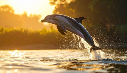 Dolphin mid-leap above ocean surface with water splash below, golden sunset in background, capturing motion, energy, and grace of marine life in a dramatic, nature-filled coastal setting.