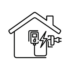 House with electrical charging station and lightning bolt symbol