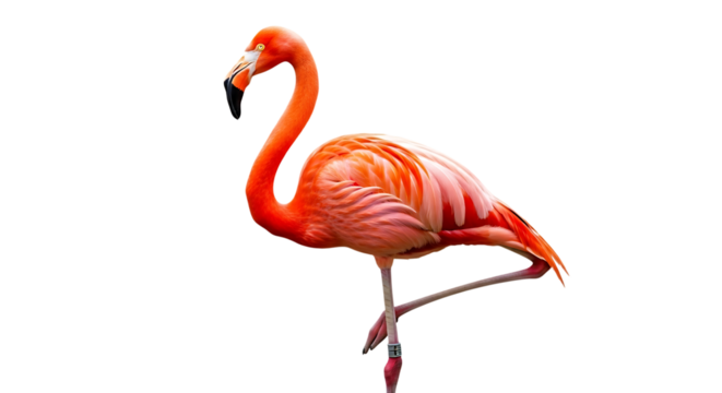 Vibrant pink flamingo standing on one leg with detailed feathers isolated on a transparent background
