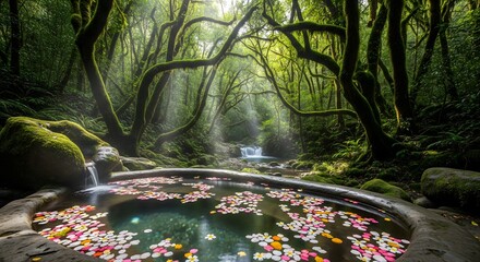 Peaceful forest scene featuring a pool with colorful flower petals.