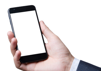Hand holding a smartphone with blank screen on transparent background for design use