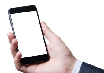 Hand holding a smartphone with blank screen on transparent background for design use