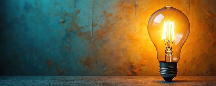 Bright incandescent light bulb glows on rough textured wall. Symbolizes idea creativity innovation energy and inspiration. Useful for business tech and educational concepts. Retro design.
