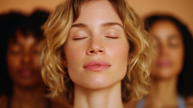 Close-up portrait of a young woman with her eyes closed. she has blonde curly hair and is looking off to the side with a peaceful expression on her face.