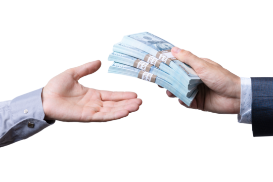 Money exchange occurs between two hands during a financial transaction in a business setting