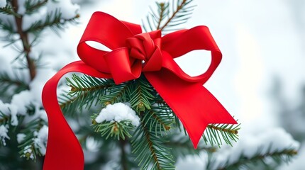 Classic red Christmas bow tied onto a snowy evergreen branch