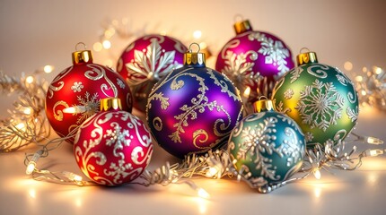 Christmas ornaments and tinsel arranged around glowing fairy lights