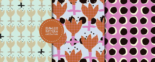 A set of vector seamless naive-style patterns with cut-out tulips, grid elements, and irregular dots. Bold, simple, hand-drawn look