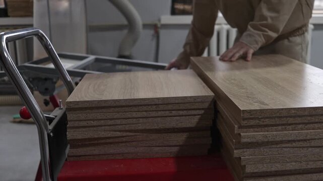 The sawn material is stacked on a vise for transportation for further work with it. close-up of the worker's hands.