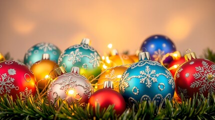 Christmas ornaments and tinsel arranged around glowing fairy lights