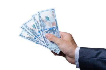 Holding five hundred dollar bills in one hand with a professional suit