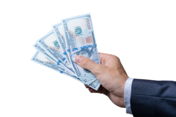 Holding five hundred dollar bills in one hand with a professional suit