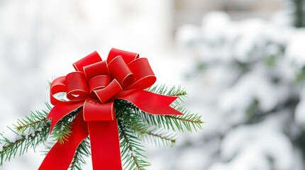 Classic red Christmas bow tied onto a snowy evergreen branch